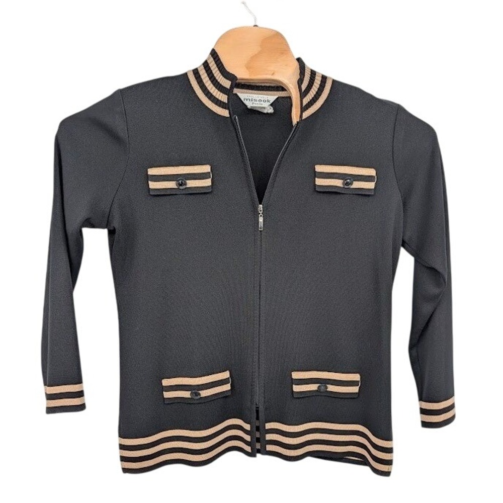 Misook Petites Zip Front‎ Knit Cardigan Jacket Black Gold Trim Women's PM
